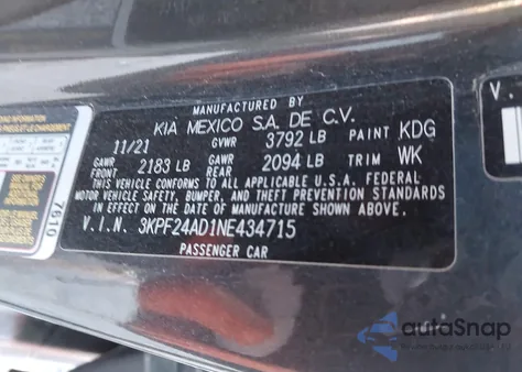 2022 Kia Forte Lxs из США, поврежденный, VIN 3KPF24AD1NE434715